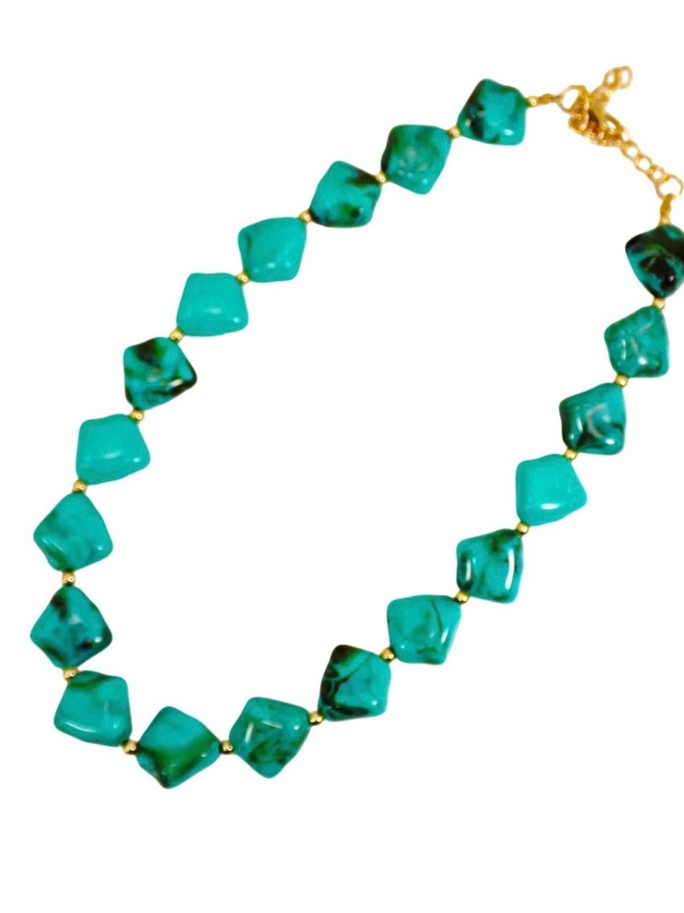 Turquoise Blue Marbled Bead Necklace Gold Accents Boho Statement Jewelry New